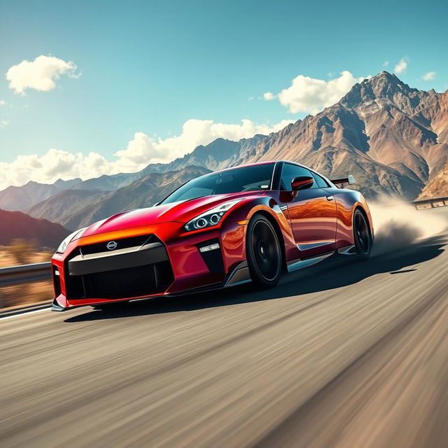 A high-speed Nissan GT-R racing on a winding mountain road, showcasing its sleek and aerodynamic design