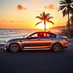 A stunning BMW M5 parked on a scenic coastal road, glistening under the warm sunset