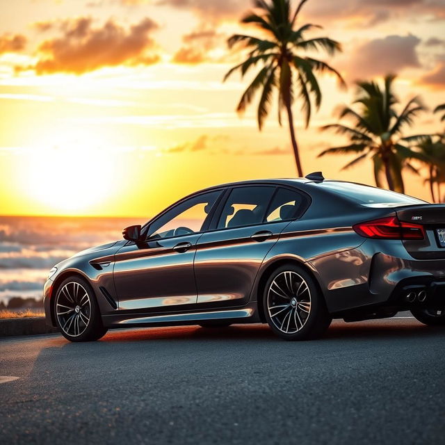 A stunning BMW M5 parked on a scenic coastal road, glistening under the warm sunset