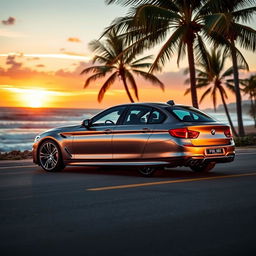 A stunning BMW M5 parked on a scenic coastal road, glistening under the warm sunset