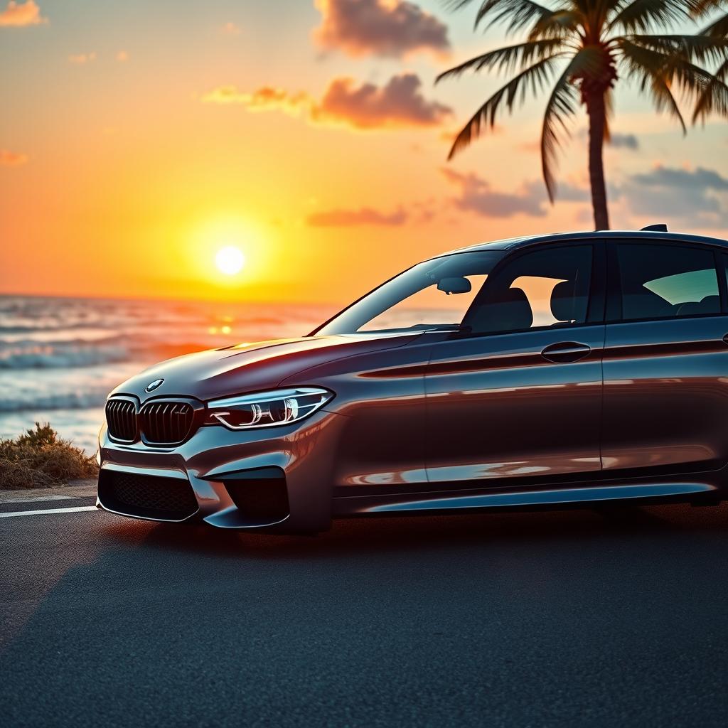 A stunning BMW M5 parked on a scenic coastal road, glistening under the warm sunset