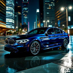 A powerful BMW M5 parked on a sleek city street at night, illuminated by the vibrant lights of skyscrapers