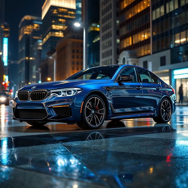 A powerful BMW M5 parked on a sleek city street at night, illuminated by the vibrant lights of skyscrapers