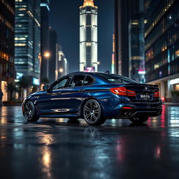 A powerful BMW M5 parked on a sleek city street at night, illuminated by the vibrant lights of skyscrapers