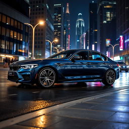 A powerful BMW M5 parked on a sleek city street at night, illuminated by the vibrant lights of skyscrapers