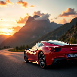 A stunning red Ferrari sports car parked on a scenic mountain road during sunset