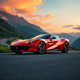 A stunning red Ferrari sports car parked on a scenic mountain road during sunset