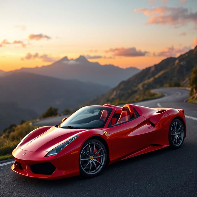 A stunning red Ferrari sports car parked on a scenic mountain road during sunset