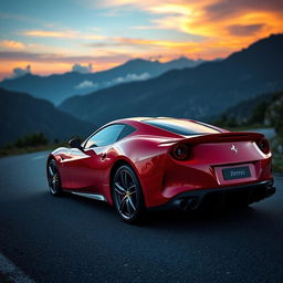 A stunning red Ferrari sports car parked on a scenic mountain road during sunset