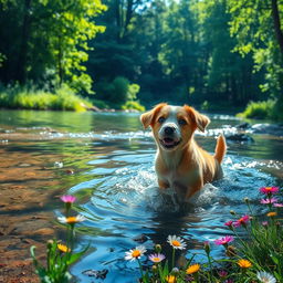 A serene, picturesque landscape featuring a beautiful, tranquil river flowing through a lush green forest, with sunlight filtering through the leaves creating dappled patterns on the forest floor