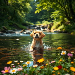 A serene, picturesque landscape featuring a beautiful, tranquil river flowing through a lush green forest, with sunlight filtering through the leaves creating dappled patterns on the forest floor