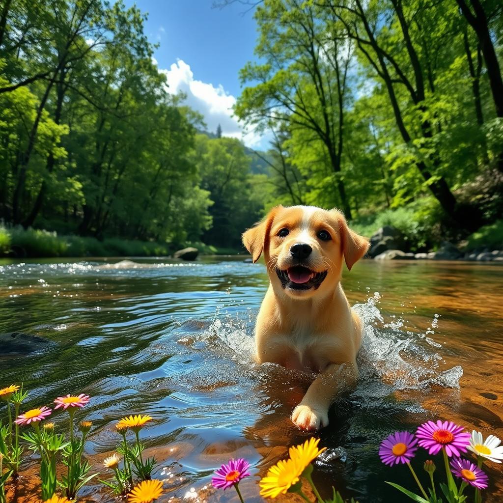 A serene, picturesque landscape featuring a beautiful, tranquil river flowing through a lush green forest, with sunlight filtering through the leaves creating dappled patterns on the forest floor