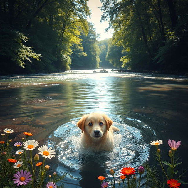 A serene, picturesque landscape featuring a beautiful, tranquil river flowing through a lush green forest, with sunlight filtering through the leaves creating dappled patterns on the forest floor