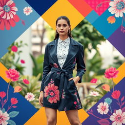 A vibrant and visually appealing background for a fashion model photo shoot, featuring a blend of colorful geometric shapes and elegant floral patterns