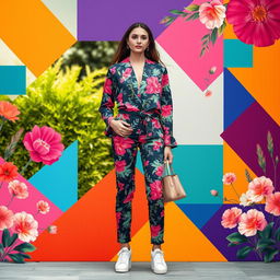 A vibrant and visually appealing background for a fashion model photo shoot, featuring a blend of colorful geometric shapes and elegant floral patterns