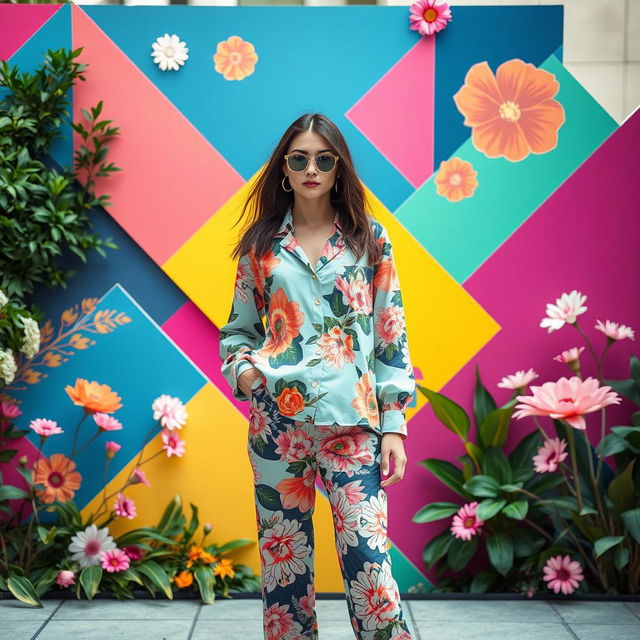 A vibrant and visually appealing background for a fashion model photo shoot, featuring a blend of colorful geometric shapes and elegant floral patterns