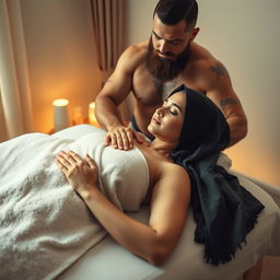 A serene and tranquil setting featuring a hijabi woman lying on a massage bed, covered only by a soft towel, with her eyes closed in relaxation