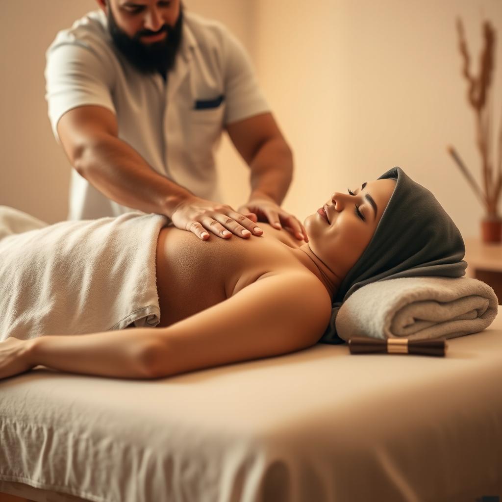 A serene and tranquil setting featuring a hijabi woman lying on a massage bed, covered only by a soft towel, with her eyes closed in relaxation