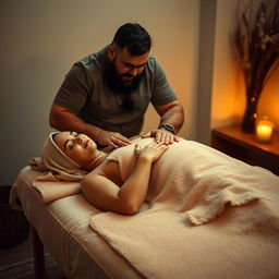 A serene and tranquil setting featuring a hijabi woman lying on a massage bed, covered only by a soft towel, with her eyes closed in relaxation