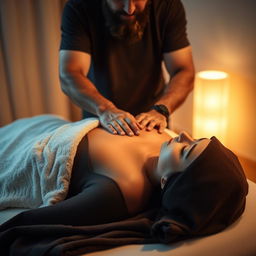 A serene and tranquil setting featuring a hijabi woman lying on a massage bed, covered only by a soft towel, with her eyes closed in relaxation