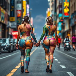 On a busy city street, in the distance, two beautiful girls with narrow waists, very wide thick round hips, fat thick round thighs, and thick shapely legs are walking away from the viewer