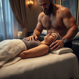 A serene scene depicting a hijabi woman laying on a massage bed, relaxed and with her eyes closed