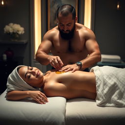 A serene scene depicting a hijabi woman laying on a massage bed, relaxed and with her eyes closed