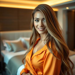 A close-up of a beautiful young woman with long flowing hair, standing confidently in a stylish, modern bedroom
