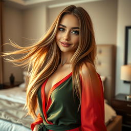 A close-up of a beautiful young woman with long flowing hair, standing confidently in a stylish, modern bedroom