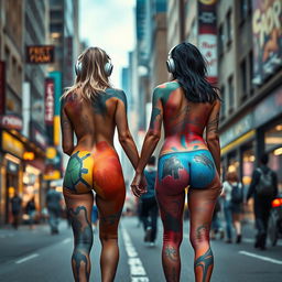 On a busy city street, in the distance, two beautiful girls with narrow waists, very wide thick round hips, fat thick round thighs, and thick shapely legs are walking away from the viewer