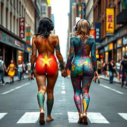 On a busy city street, in the distance, two beautiful girls with narrow waists, very wide thick round hips, fat thick round thighs, and thick shapely legs are walking away from the viewer