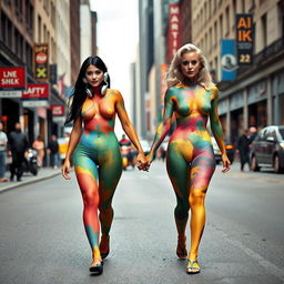 On a busy city street, in the distance, two beautiful girls with narrow waists, very wide thick round hips, fat thick round thighs, and thick shapely legs are walking toward the viewer