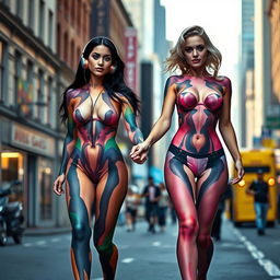 On a busy city street, in the distance, two beautiful girls with narrow waists, very wide thick round hips, fat thick round thighs, and thick shapely legs are walking toward the viewer