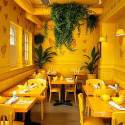 The interior of a whimsical restaurant decorated entirely in a vibrant yellow theme, featuring charming and beautifully crafted chicken-shaped items throughout