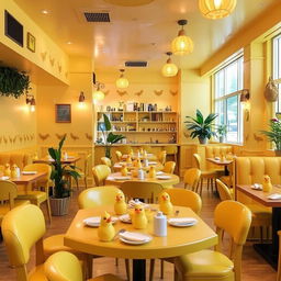 The interior of a whimsical restaurant decorated entirely in a vibrant yellow theme, featuring charming and beautifully crafted chicken-shaped items throughout