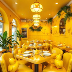 The interior of a whimsical restaurant decorated entirely in a vibrant yellow theme, featuring charming and beautifully crafted chicken-shaped items throughout