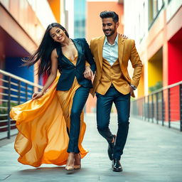 A high-energy fashion shoot featuring two models: Aqeela Calista, described as an elegant and striking woman with long black hair and radiant skin, dressed in a glamorous, flowing golden gown that cascades gracefully to the floor