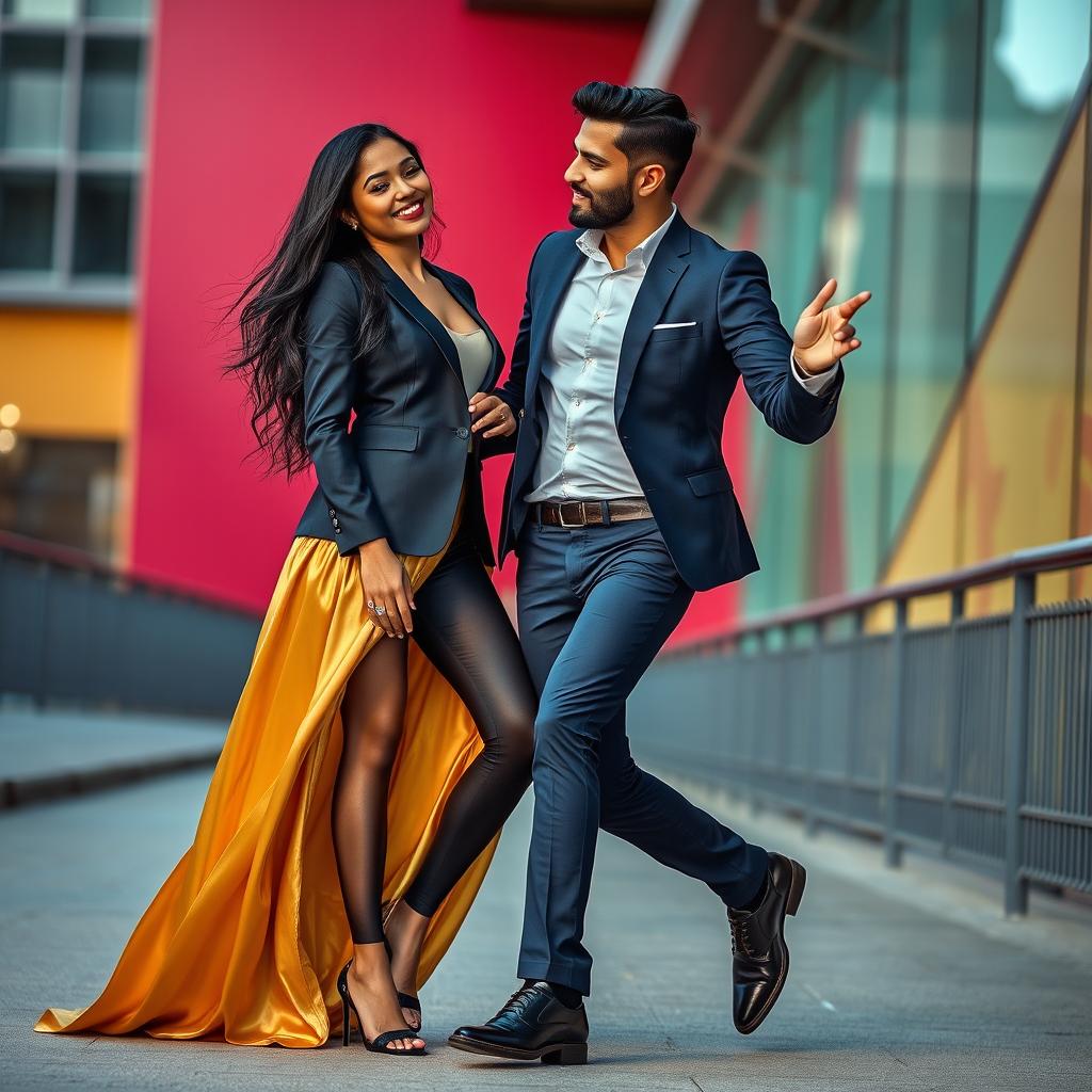 A high-energy fashion shoot featuring two models: Aqeela Calista, described as an elegant and striking woman with long black hair and radiant skin, dressed in a glamorous, flowing golden gown that cascades gracefully to the floor