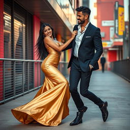 A high-energy fashion shoot featuring two models: Aqeela Calista, described as an elegant and striking woman with long black hair and radiant skin, dressed in a glamorous, flowing golden gown that cascades gracefully to the floor
