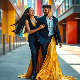 A high-energy fashion shoot featuring two models: Aqeela Calista, described as an elegant and striking woman with long black hair and radiant skin, dressed in a glamorous, flowing golden gown that cascades gracefully to the floor
