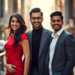 A captivating portrait featuring three individuals: Aqeela, an elegant woman with flowing dark hair and a warm smile, dressed in a chic, form-fitting red dress that accentuates her figure
