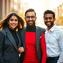 A captivating portrait featuring three individuals: Aqeela, an elegant woman with flowing dark hair and a warm smile, dressed in a chic, form-fitting red dress that accentuates her figure