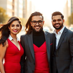 A captivating portrait featuring three individuals: Aqeela, an elegant woman with flowing dark hair and a warm smile, dressed in a chic, form-fitting red dress that accentuates her figure