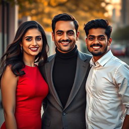 A captivating portrait featuring three individuals: Aqeela, an elegant woman with flowing dark hair and a warm smile, dressed in a chic, form-fitting red dress that accentuates her figure