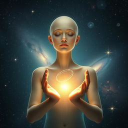 An ethereal goddess with a serene and calm expression, featuring a bald head