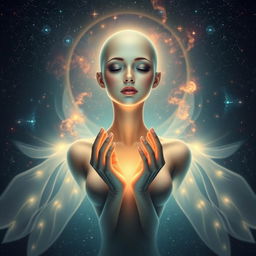An ethereal goddess with a serene and calm expression, featuring a bald head
