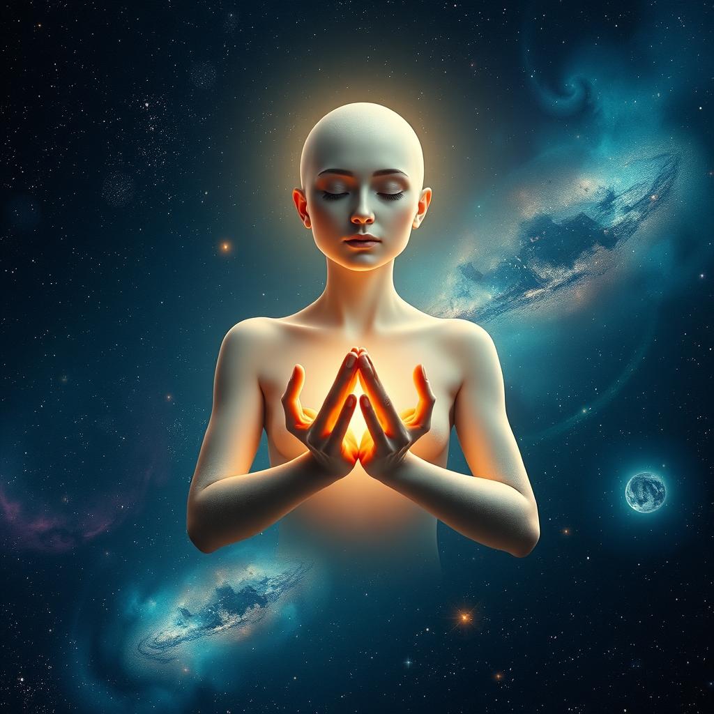 An ethereal goddess with a serene and calm expression, featuring a bald head