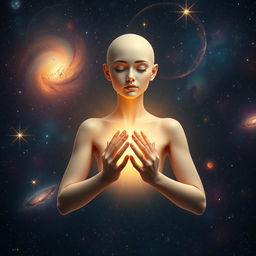 An ethereal goddess with a serene and calm expression, featuring a bald head