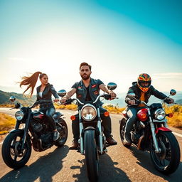 A dynamic and thrilling scene depicting a motorcycle gang, known as 'Cinta Segitiga'