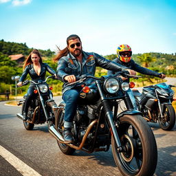 A dynamic and thrilling scene depicting a motorcycle gang, known as 'Cinta Segitiga'